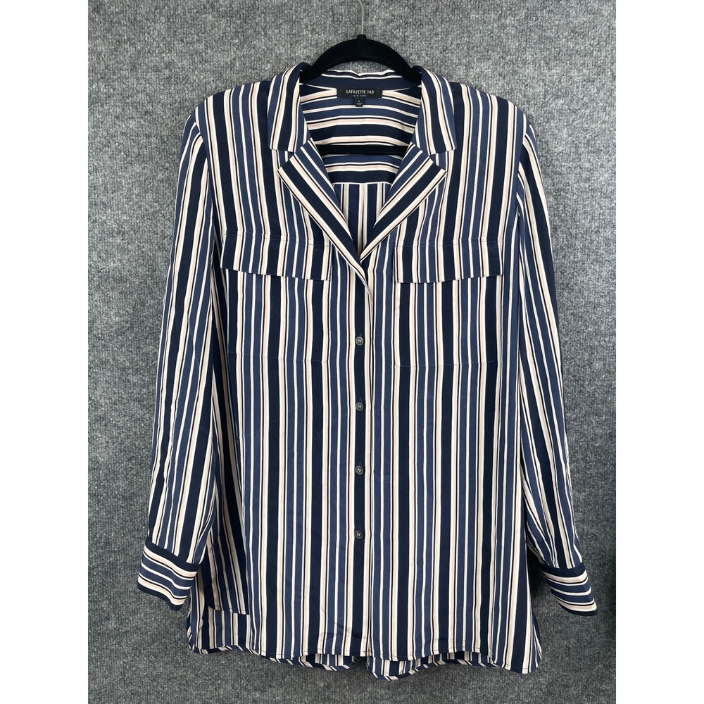 Lafayette 148 Silk Blouse Women's Large Blue Striped Pocket Button Down Shirt